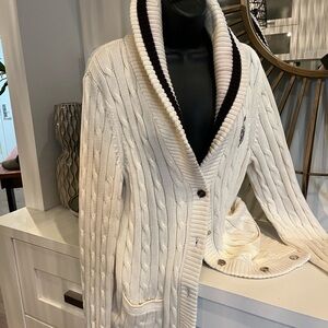 Lauren Ralph Lauren Cream Cable-Knit Shawl Cardigan with Brown Trim